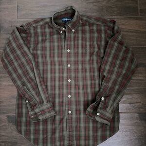 Boys Ralph Lauren Polo Red Green plaid Button Down Oxford Dress Shirt M 12/14